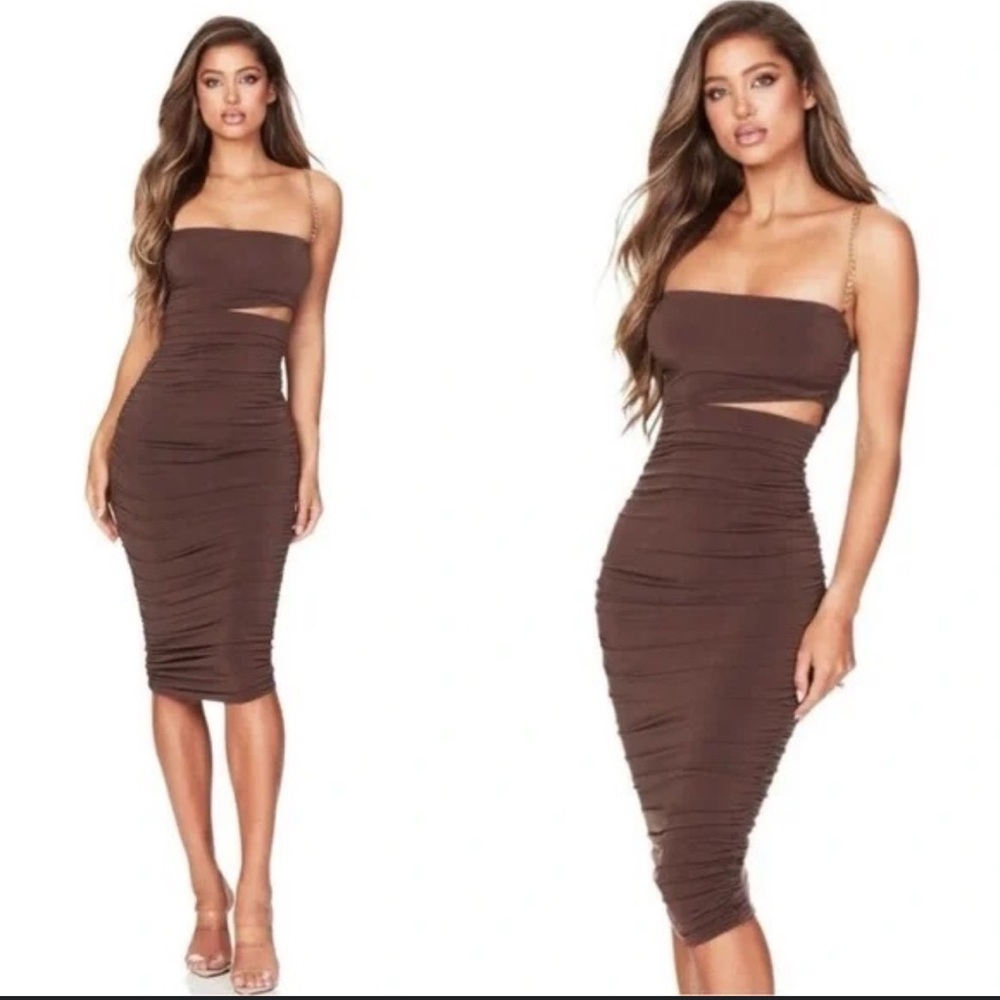Nookie Mocha Brown Tia Cut Out Ruched Chsin Strap Midi Dress S or M